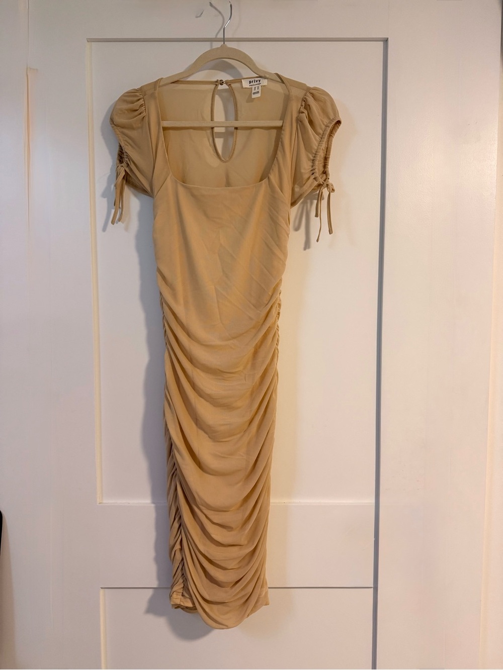 Privy Taupe Ruched Mini Dress Square Neck